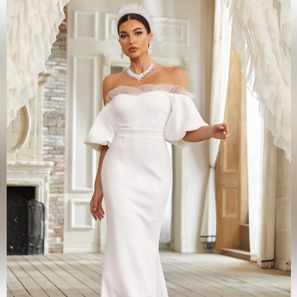 NWT SHEIN White Off Shoulder Mesh Mermaid Hem Wedding Dress, Sz Small (4)